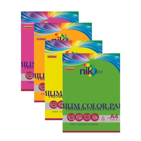 Carta colorata fluo formato A4 Nikoffice 4 colori assortiti fluo 80 g – 100 ff – 23NIK118