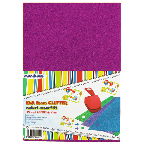 Foam in gomma Nikoffice EVA formato A4 colori assortiti glitterato adesivo – conf. 10 fogli – 23NIK133