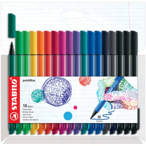 Pennarello Stabilo Point Max – punta nylon – colori assortiti – astuccio da 18 pezzi – 488/18-01