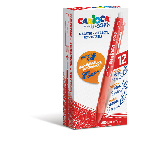 Penne a scatto cancellabili Carioca OOPS inchiostro termosensibile M 0,7 mm conf. da 12 rosso – 43043/03