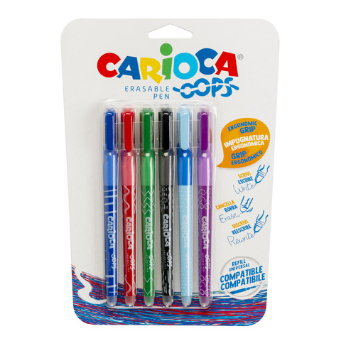 Penne cancellabili Carioca OOPS con inchiostro termosensibile 0,7 mm blister da 6 pz assortiti – 43037