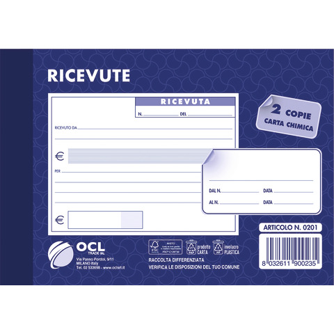 Blocco ricevute generiche O.C.L. formato 15×10 cm 50×2 copie – 0201N