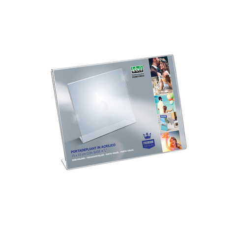 Portadepliant in acrilico con base a L Lebez formato 15×10 cm – orizzontale – trasparente – 7041