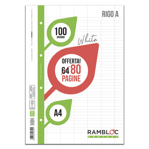 Ricambi rinforzati per quaderni ad anelli Rambloc – A4 – 100 g/m² – 32+8 ff – A – 90524322