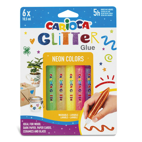 Conf. 6 blister da 6 colle Carioca colorate 10,5 ml – effetto glitter neon – 42111