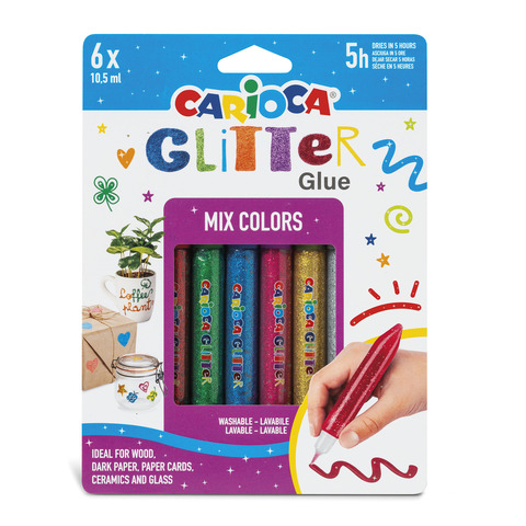 Conf. 6 blister da 6 colle Carioca colorate 10,5 ml – effetto glitter assortiti mix – 42112