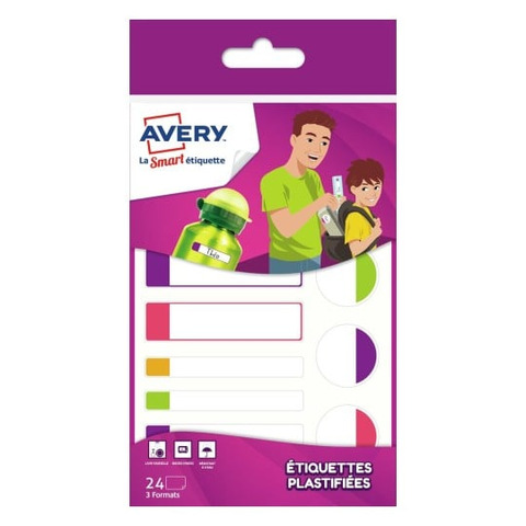Etichette Avery plastificabili resistenti per materiale scolastico 3 formati – conf. 24 pz – colori fluo –