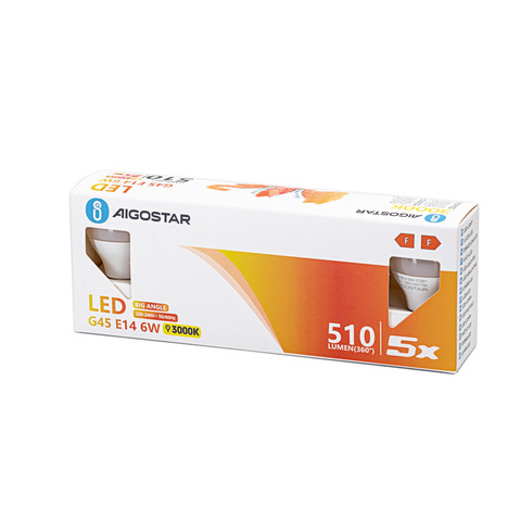 Lampadine LED Aigostar G45 E14 6W luce calda – conf. 5 pz – 3000K 331702