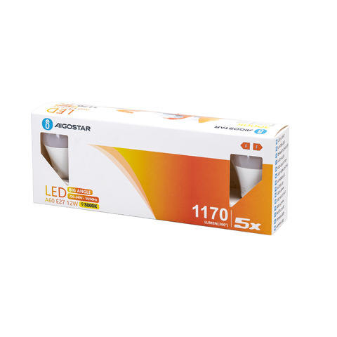 Lampadine LED Aigostar A60 E27 12W luce calda – conf. 5 pz – 3000K 331610