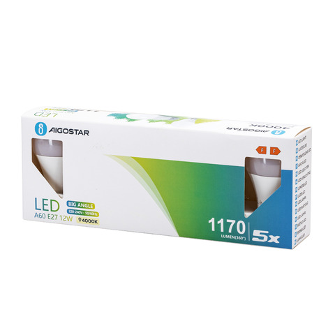 Lampadine LED Aigostar A60 E27 12W luce naturale – conf. 5 pz – 4000K 331603