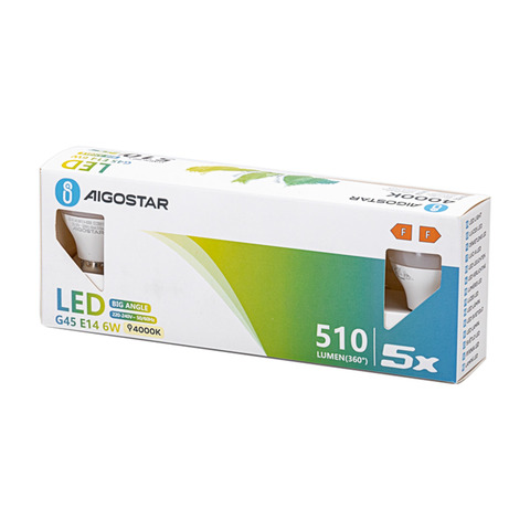Lampadine LED Aigostar G45 E14 6W luce naturale – conf. 5 pz – 4000K 331696