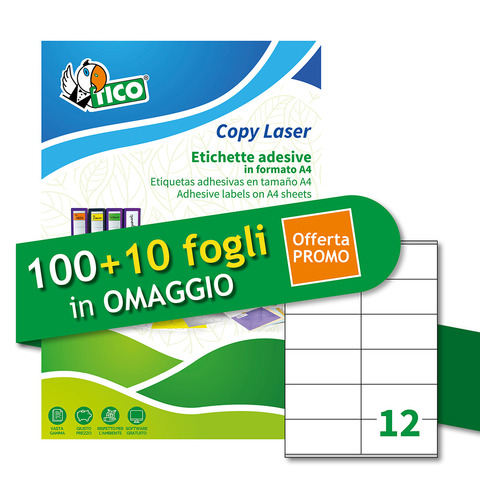 Etichette bianche adesive permanenti Tico laser/inkjet 12 et./foglio conf. 100+10 ff OMAGGIO 105×48 mm