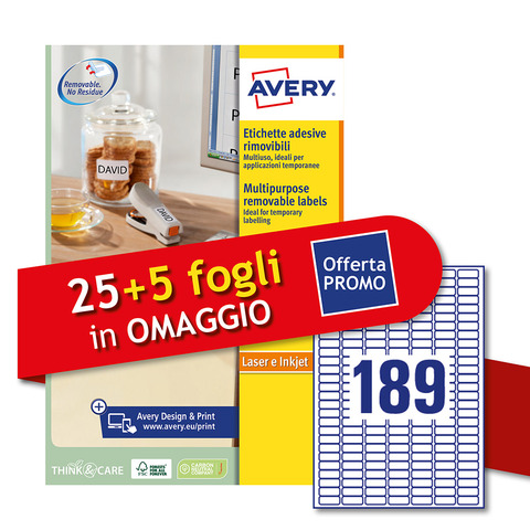 Etichette bianche rimovibili Avery laser/inkjet 189 et./foglio conf.25+5 ff OMAGGIO 25,4×10 mm – L4731REV30P