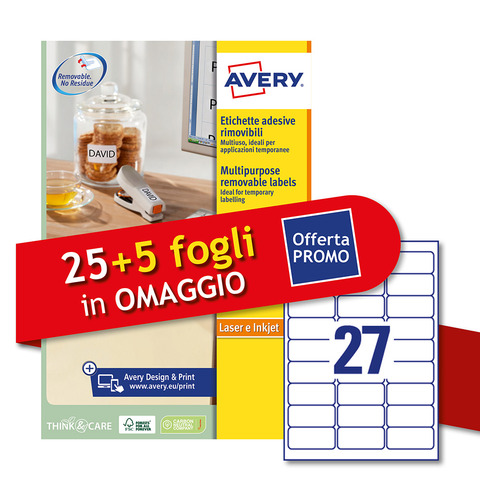 Etichette bianche rimovibili Avery laser/inkjet 27 et./foglio conf.25+5 ff OMAGGIO 63,5×29,6 mm – L4737REV-30P