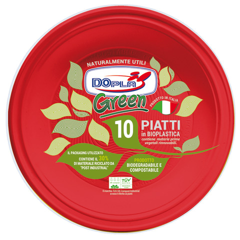 Piatti fondi Dopla Green biodegradabili e compostabili – Ø 220 mm rosso – conf. 10 pz – 40049