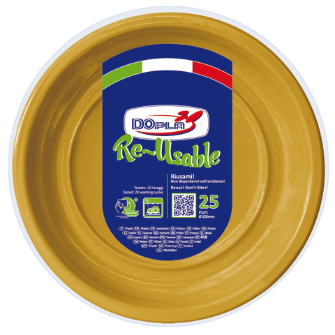 Piatti piani in PS Dopla Reusable Ø 220 mm oro – conf. 25 pz – 11858