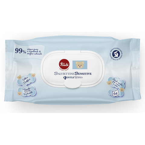 Salviettine Sensitive Trudi Baby Care 99% acqua pura 100% tessuto naturale conf. 64 pezzi con tappo – 00771