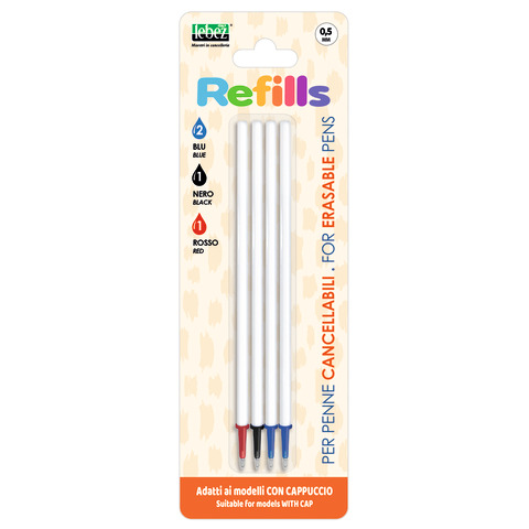 Conf. 12 blister da 4 refill inchiostro cancellabile Lebez blu, nero, rosso per penne 0,5 mm con cappuccio – 81808