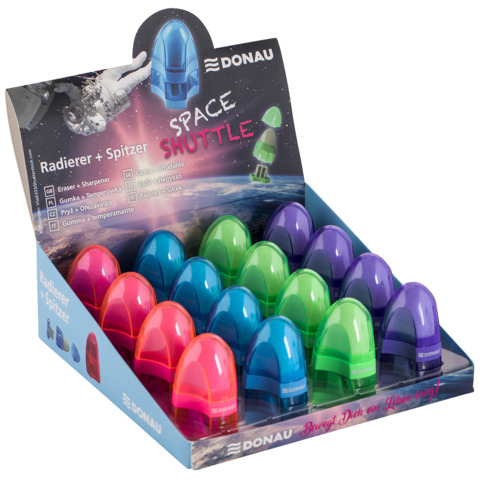 Espositore 16 gomme-temperamatite a 2 fori 2-in-1 Donau a forma di astronave in colori assortiti – 330372916