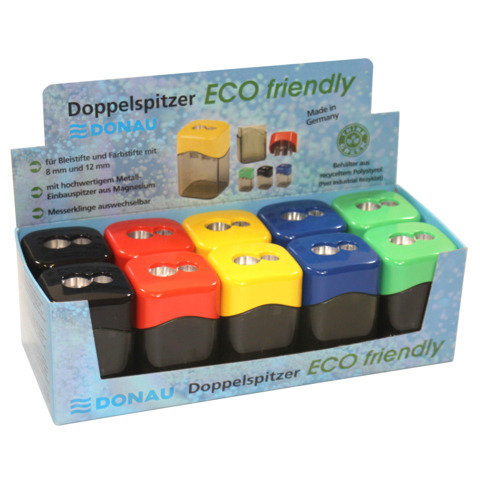 Espositore 10 temperamatite a 2 fori con serbatoio Donau in colori assortiti – 330406910