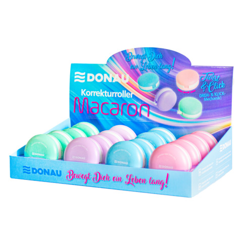 Espositore 16 correttori a nastro a forma di macarons Donau 5 mm x 6 m in 4 colori assortiti – 330410916
