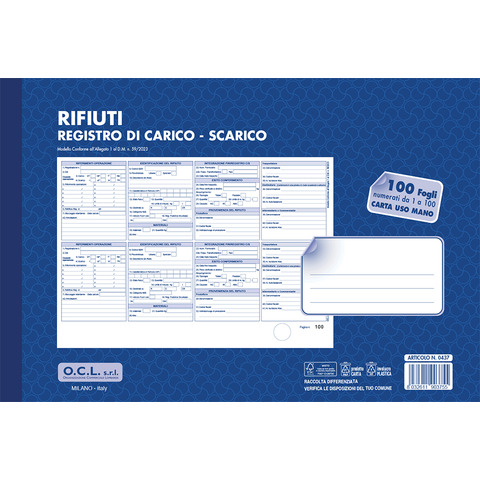 Registro carico-scarico rifiuti O.C.L. – conf. 10 blocchi – carta usomano 1-100 fogli 31×21 cm – 0437