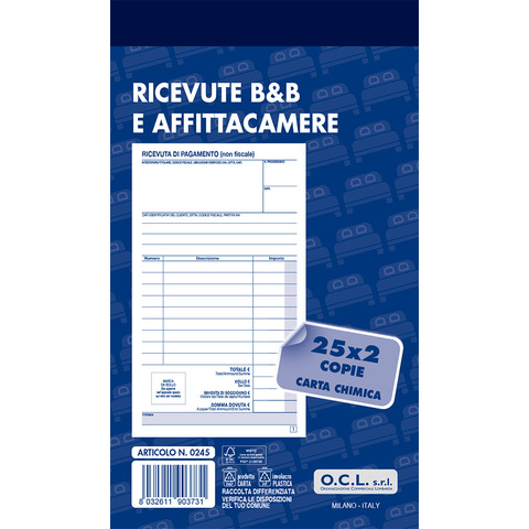 Blocco ricevute B&B e affittacamere O.C.L. 25×2 copie – conf. 10 blocchi – 9,9×17 cm – 0245