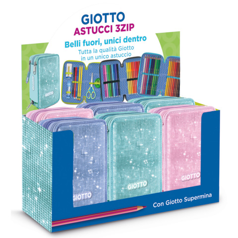 Espositore 6 astucci 3 zip Giotto Super Crystal collezione Supermina fantasie assortite – F964300