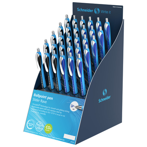 Espositore 30 penne a sfera a scatto ricaricabili Schneider Slider Rave tratto XB – colori fusto blu/nero –