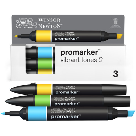 Pennarelli Winsor&Newton Promarker doppia punta fine-larga – conf. 3 toni vibranti giallo, azzurro, verde 0290194