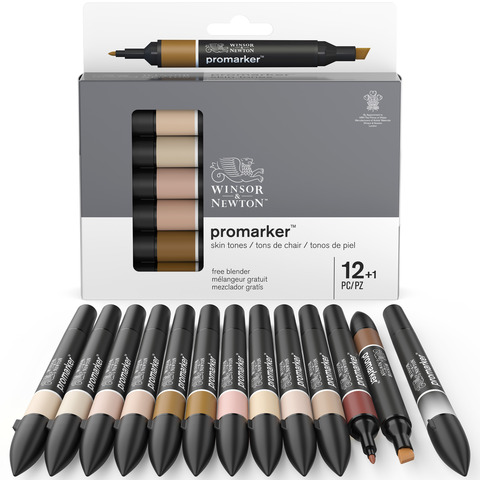 Pennarelli Winsor&Newton Promarker doppia punta fine-larga – conf. 12 pz toni carne + blender – 0290172