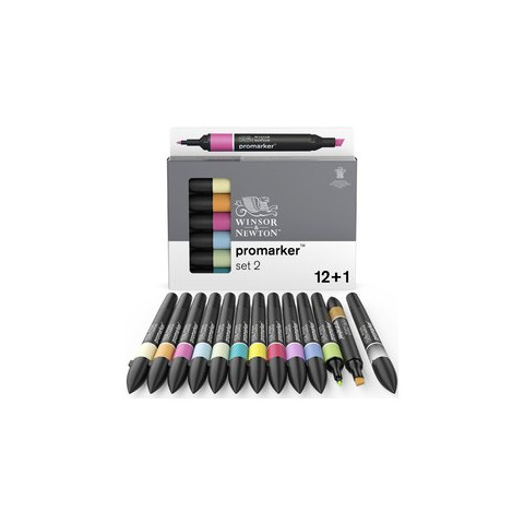 Pennarelli Winsor&Newton Promarker doppia punta fine-larga – conf. 12 pz colori assortiti + blender – 0290138