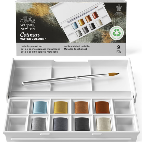 Acquerelli Winsor&Newton Cotman Metallic Pocket Set – conf. 8 mezzi godet in colori assortiti  – 0390702