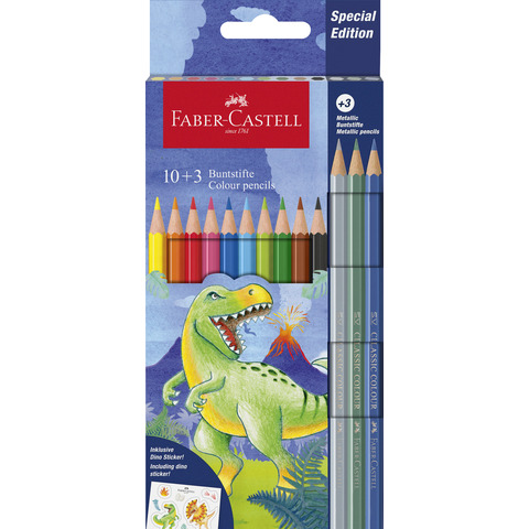 Matite colorate Faber-Castell fusto esagonale in conf. da 10 Classic dinosauro + 3 Metallic – 111213