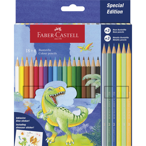 Matite colorate Faber-Castell fusto esagonale in conf. da 18 Classic dinosauro + 6 Metallic – 111222