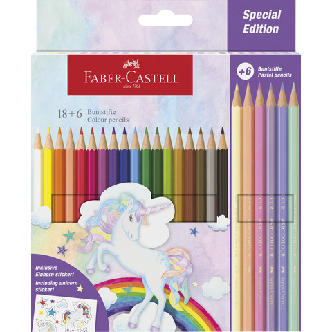 Matite colorate Faber-Castell fusto esagonale in conf. da 18 Classic unicorno + 6 Pastel – 111221