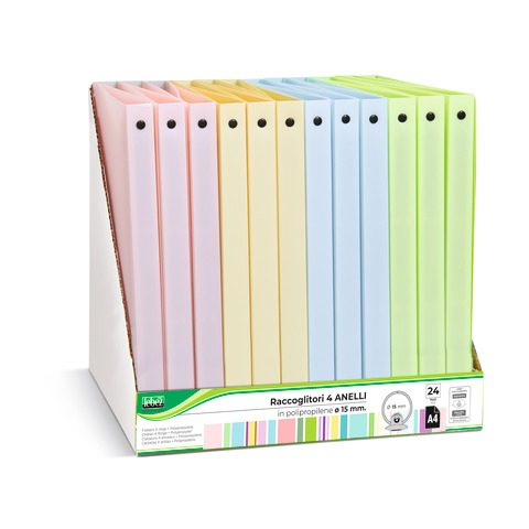 Espositore 24 raccoglitori 4 anelli Lebez in PP – A4 Ø 15 mm – colori pastello assortiti – 80981