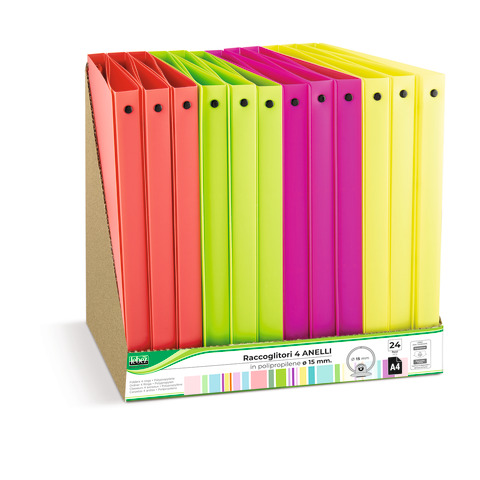 Espositore 24 raccoglitori 4 anelli Lebez in PP – A4 Ø 15 mm – colori neon assortiti – 80979