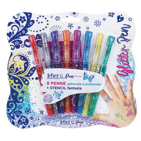 Penna gel glitter con cappuccio e inchiostro profumato + stencil Lebez – conf. 6 colori assortiti – 5340