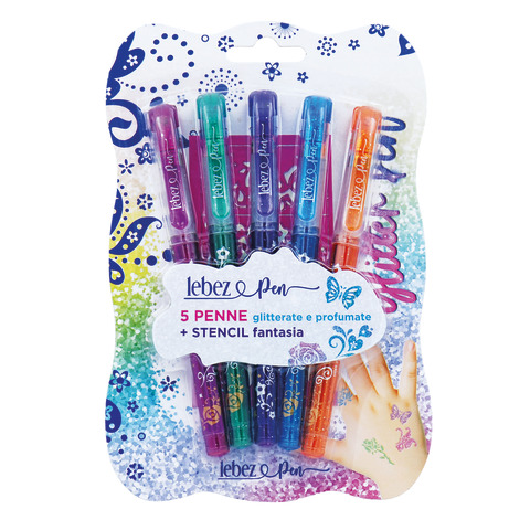 Penna gel glitter con cappuccio e inchiostro profumato + stencil Lebez – conf. 8 colori assortiti – 5320