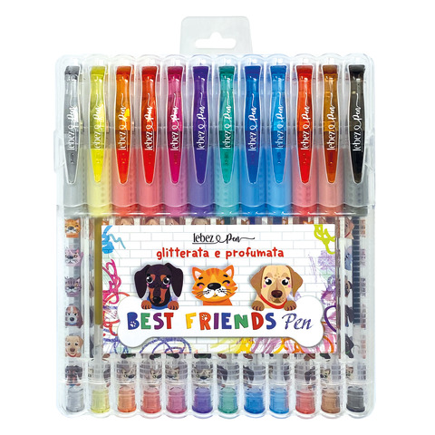 Penna gel glitter con cappuccio e inchiostro profumato Lebez Animals Soft Grip – conf. 12 colori assortiti – 81186