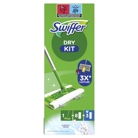 Starter Kit catturapolvere Swiffer Dry verde – scopa + 8 panni DRY + 3 panni WET – conf. 12 pz – PG264