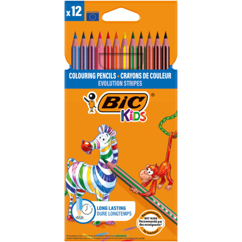 Matite colorate BIC Kids Evolution Stripes 3,05 mm con fusto esagonale in conf. 12 pezzi assortiti – 9505222