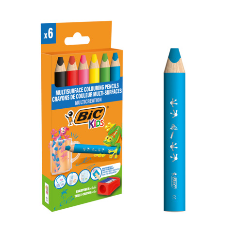 Matite colorate BIC Kids Multisurface con fusto triangolare in conf. 6 pezzi assortiti + temperamatite – 515220