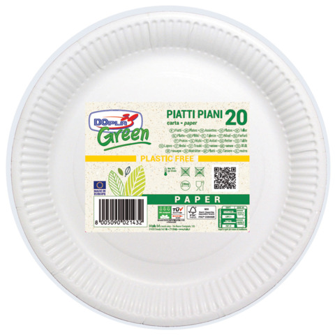 Piatti piani in fibra vergine Dopla Green Ø 230 mm bianco – conf. 20 pz – 11802