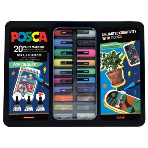 Valigetta in metallo Posca Pop Colours da 20 marcatori a tempera – colori assortiti – M POP 20P