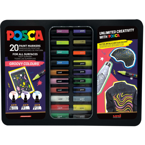 Valigetta in metallo Posca Groovy Colours da 20 marcatori a tempera – colori assortiti – M GROOVY 20P