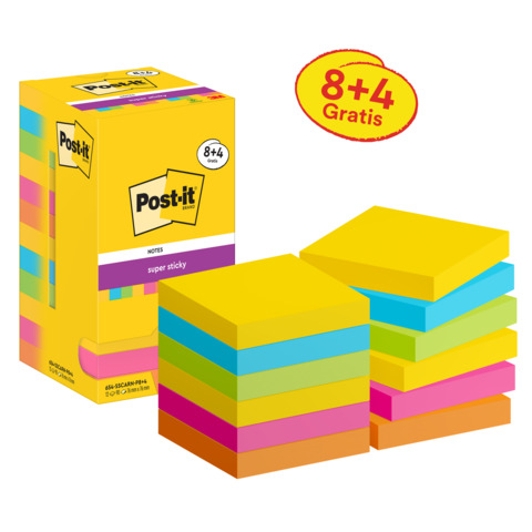 Foglietti riposizionabili Post-it® Super Sticky Carnival 76×76 mm 90 ff/cad. PROMO PACK 8+4 blocchetti gratis