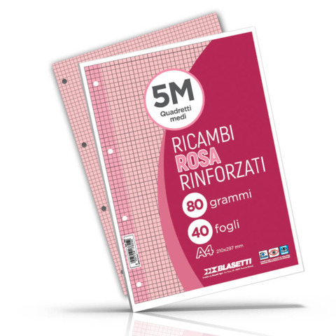Ricambi rinforzati per quaderni ad anelli Blasetti – A4 – 80 g/m² – 40 ff – 5M – rosa – 7805