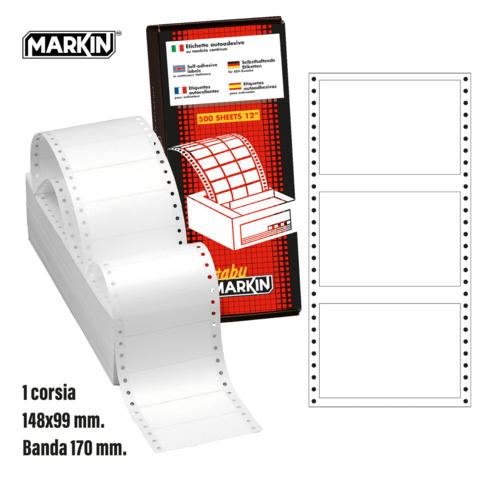 Etichette autoadesive bianche permanenti a modulo continuo 1 corsia Markin 1.500 etichette – 148×99 mm – conf. 500 fogli